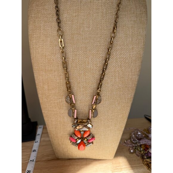 Stella & Dot Statement Necklace With Gold Chain & Orange Pink Gemstone Accents - Picture 8 of 11